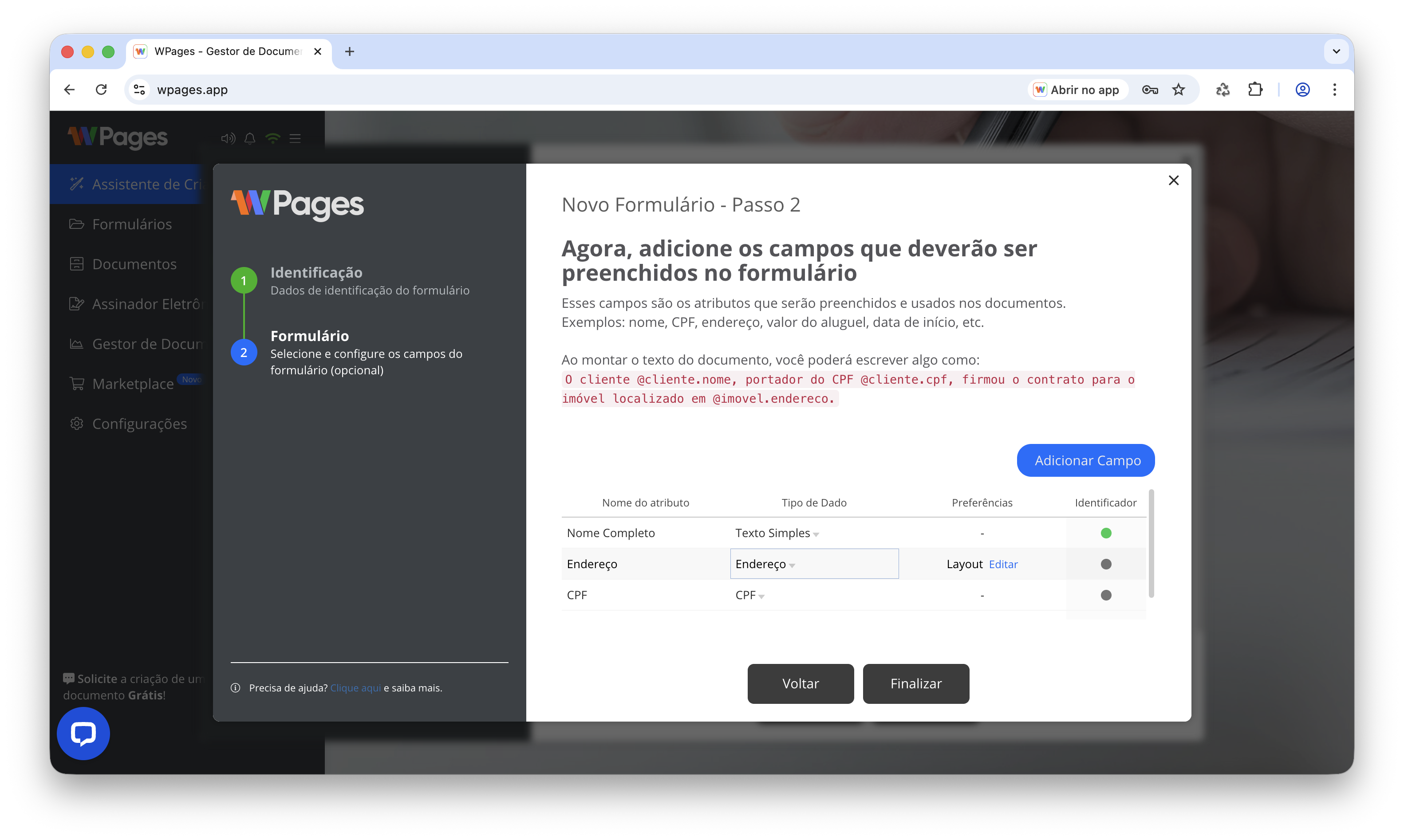 Campos do formulário
