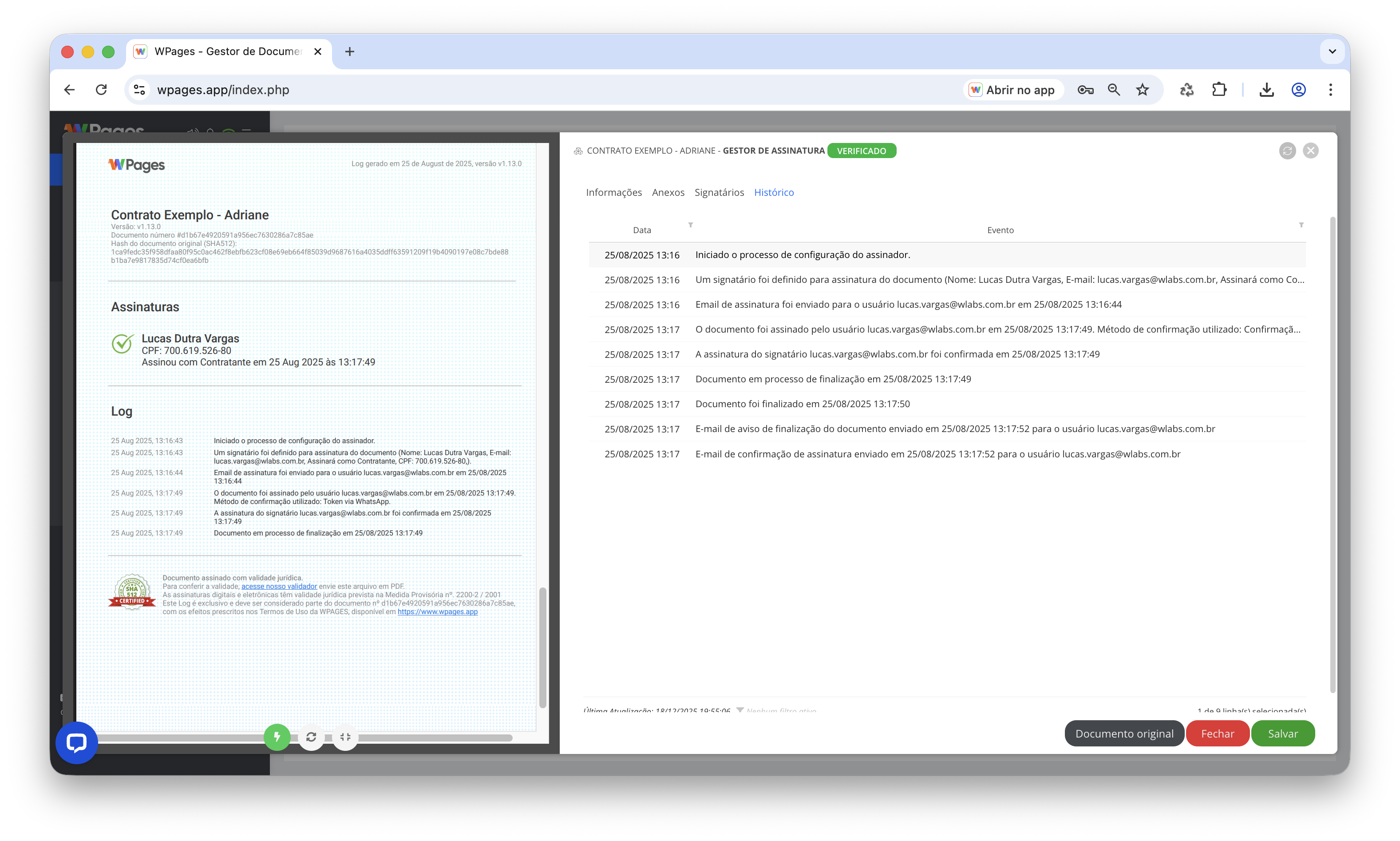 Histórico do processo de assinatura