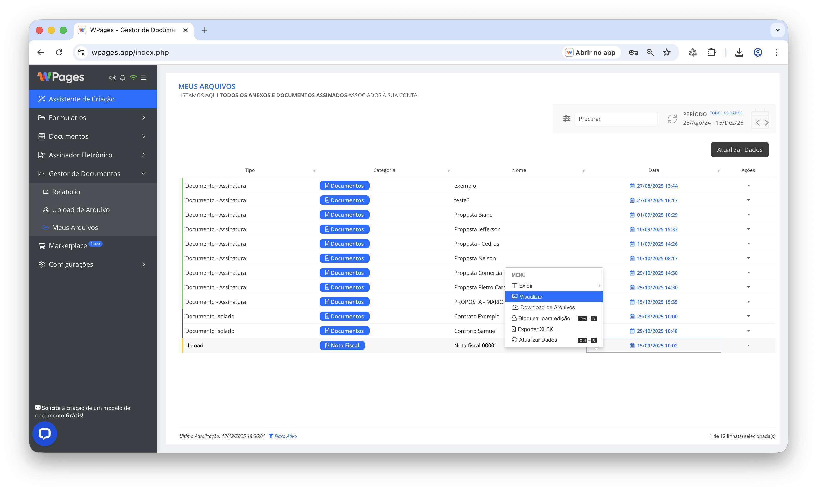 Lista de documentos e arquivos