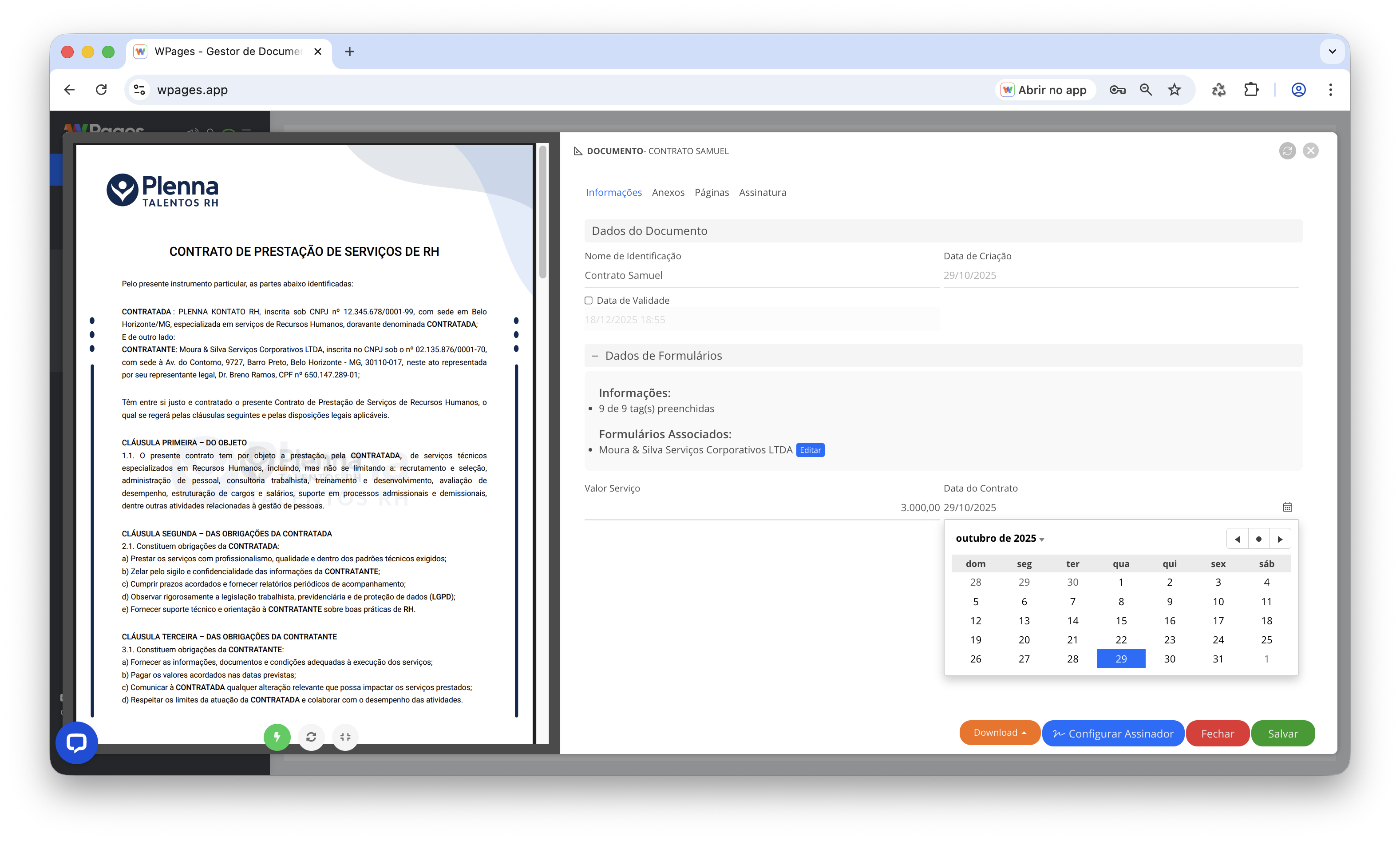 Dados de formulários vinculados ao documento